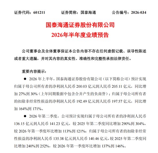 “牛市旗手”首份中报预告：国泰海通预计赚超200亿，创历史新高！